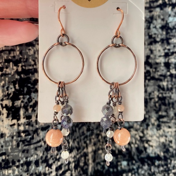 Iolite + Moonstone Handcrafted Copper Earrings - Picture 4 of 7